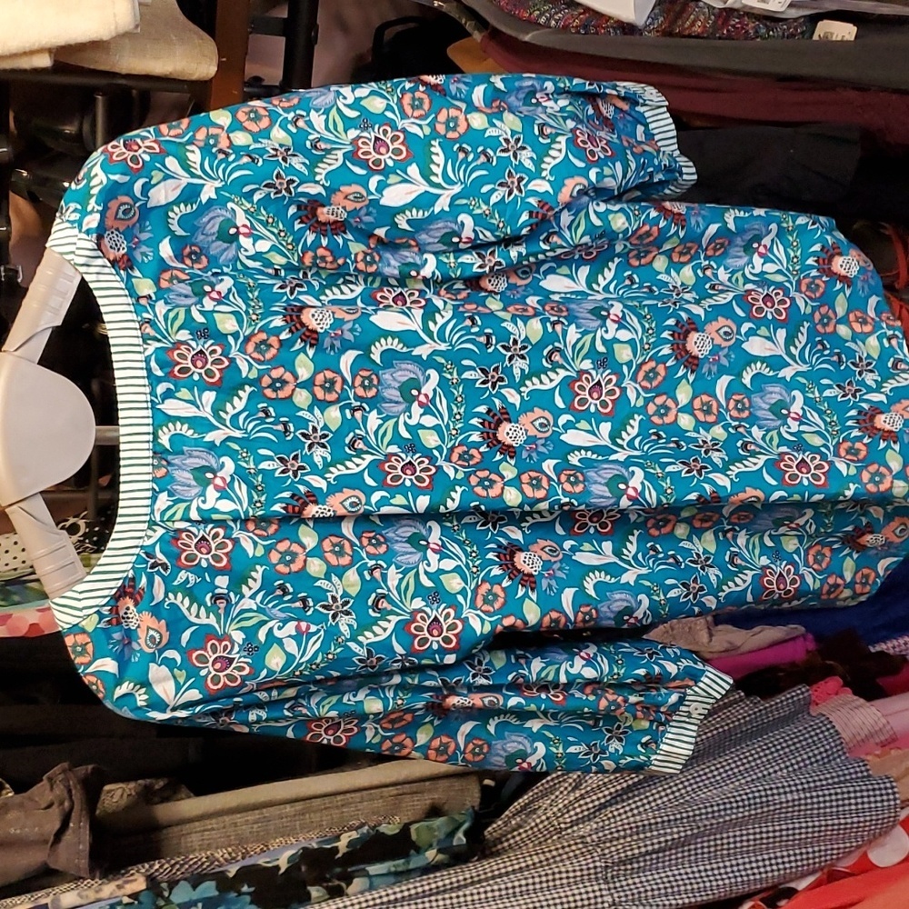 Talbots band collar popover turquoise blue jocobean floral 100% cotton sz. PL - Picture 5 of 10